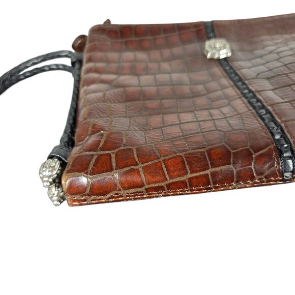 VTG Brighton Organizer Crossbody Bag Brown Croc Embossed Braided Strap Silver - Picture 10 of 11